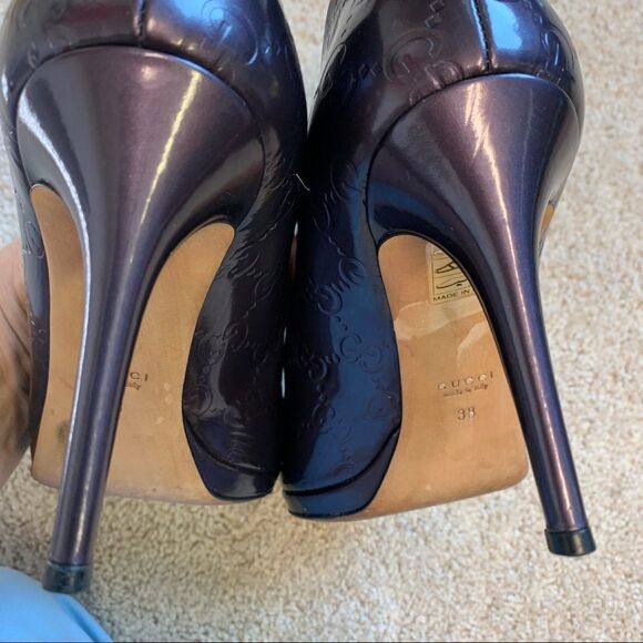 Gucci Purple Patent Leather Guccissima Horsebit Open Peep Toe Pump Heels Pump 38 - Picture 8 of 13